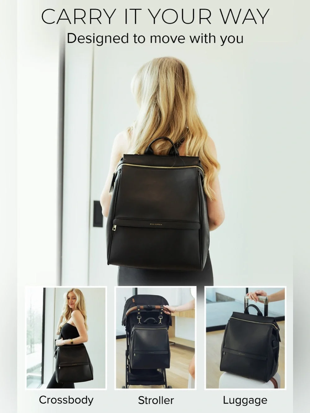 Mia + Sophia Black Faux Leather Diaper Bag Classic Minimalist Cute Baby Chic Bag